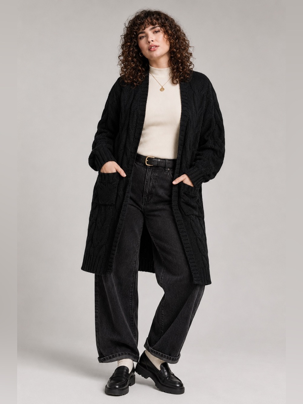 Torrid Black Cable Knit Open Front Cardigan Sweater Size 2 (18/20) Chunky Cozy